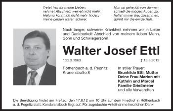 Traueranzeige von Walter Josef Ettl von Pegnitz-Zeitung
